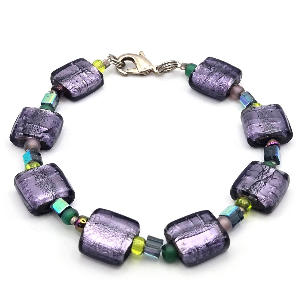 Purple Foil Glass Square Bead Bracelet Iridescent Green Blue Accents 7.75 Inch